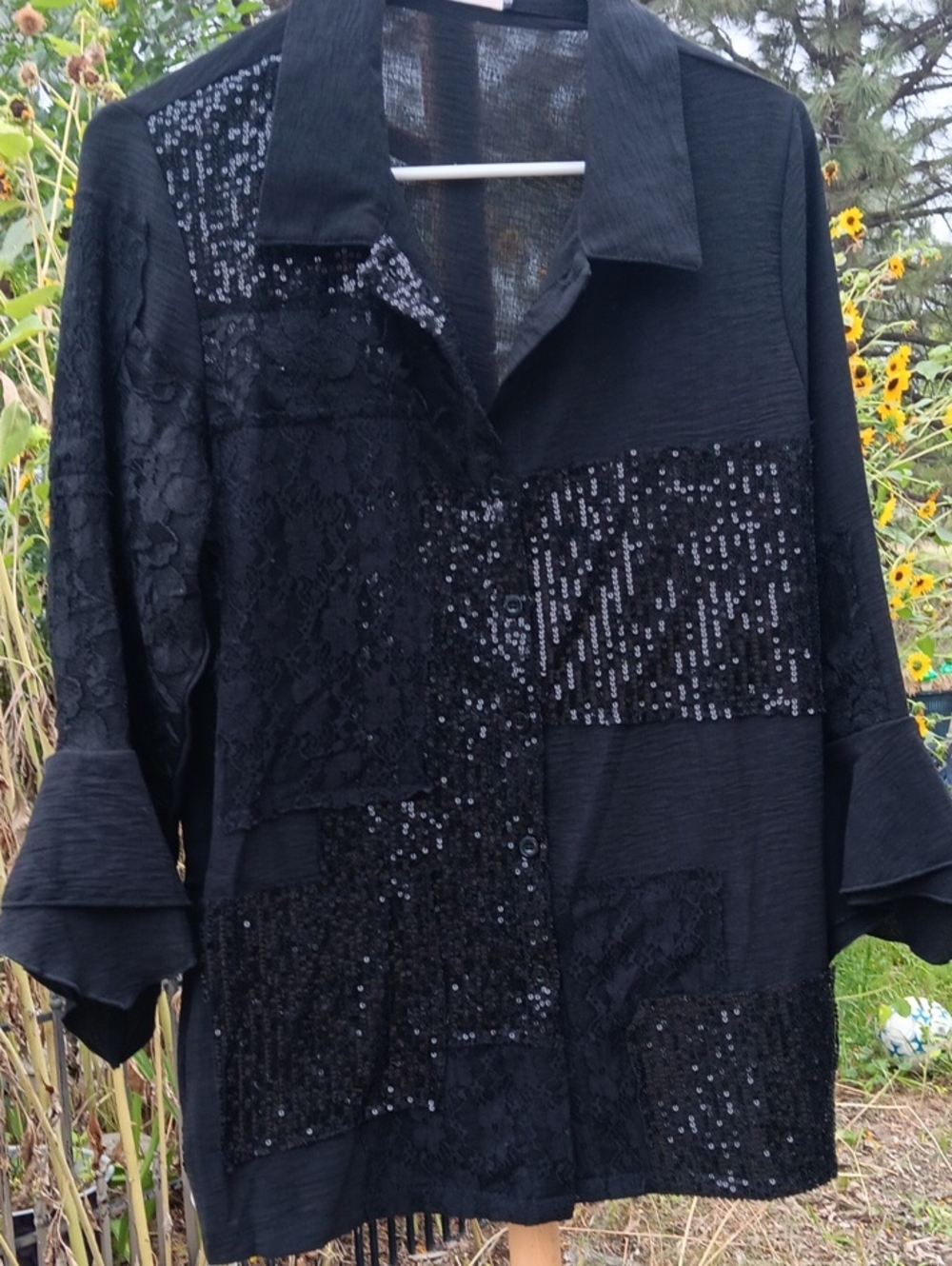 Black Patchwork Sequin & Lace Blouse - Women's Button-Up